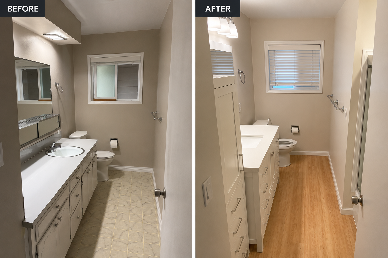 Before and after of a hall bathroom remodel with quartz vanity and White Oak flooring in Beaverton, Oregon