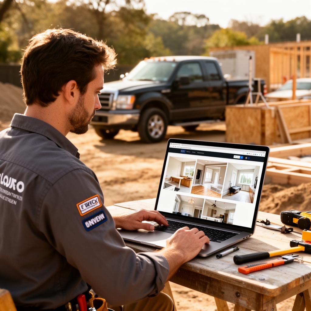 Contractor reviewing professional website portfolio on a laptop